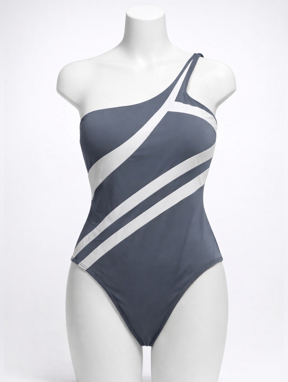 Vintage One-Shoulder Gray & White Striped Swimsuit